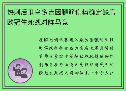 热刺后卫乌多吉因腿筋伤势确定缺席欧冠生死战对阵马竞